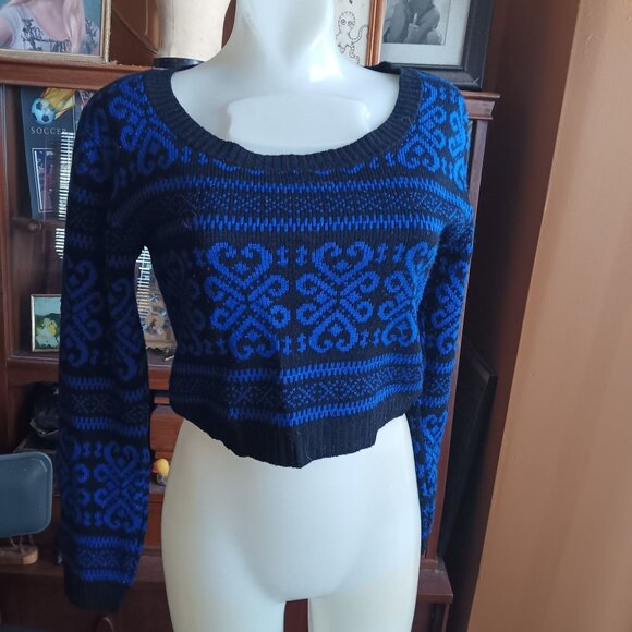 Blue & Black Cotton Emporium Cropped Sweater XS Nordic Pattern Knit Pullover - Picture 2 of 6